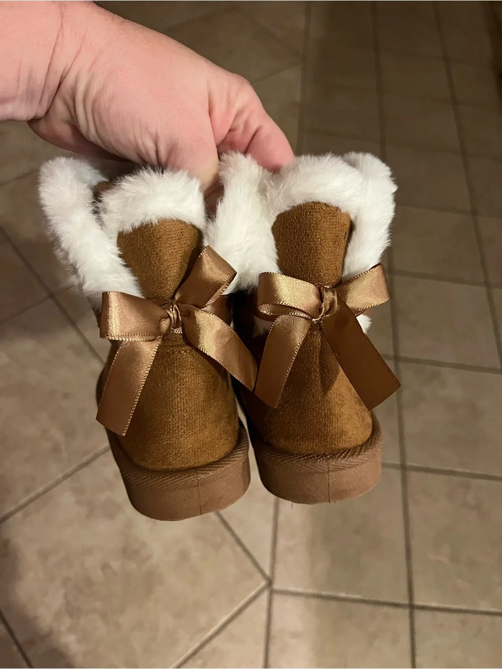 Children’s Cozy Faux-Fur Trim Brown Booties with Satin Bows